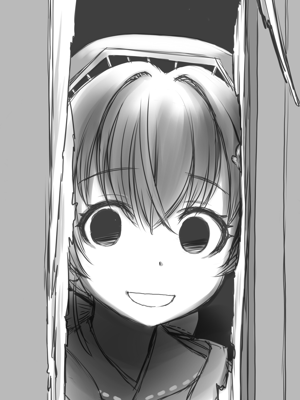 1girl bandana bangs crossed_bangs ebifly empty_eyes eyebrows_visible_through_hair face greyscale grin hair_between_eyes hair_intakes hair_ornament headgear here's_johnny! highres jingei_(kantai_collection) kantai_collection looking_at_viewer monochrome open_mouth parody signature smile solo the_shining yandere
