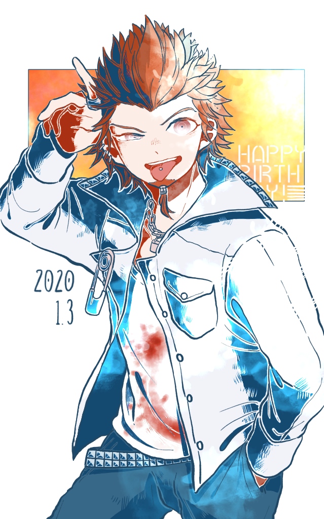 1boy beard commentary_request cowboy_shot dangan_ronpa:_trigger_happy_havoc dangan_ronpa_(series) dated facial_hair half-closed_eye hand_in_pocket hand_up happy_birthday jacket jewelry kiri_(2htkz) kuwata_leon male_focus necklace open_clothes open_jacket open_mouth pants red_eyes red_shirt redhead ring salute shirt short_hair smile solo tongue tongue_out upper_teeth white_background white_shirt