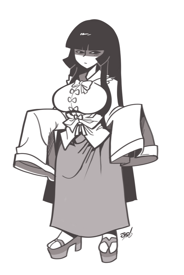 2020 bangs blunt_bangs breasts collar creepy_eyes creepy_face expressionless female geta greyscale houraisan_kaguya jmd kimono loincloth long_hair looking_at_viewer monochrome no_color sandals socks touhou_project very_long_hair wafuku