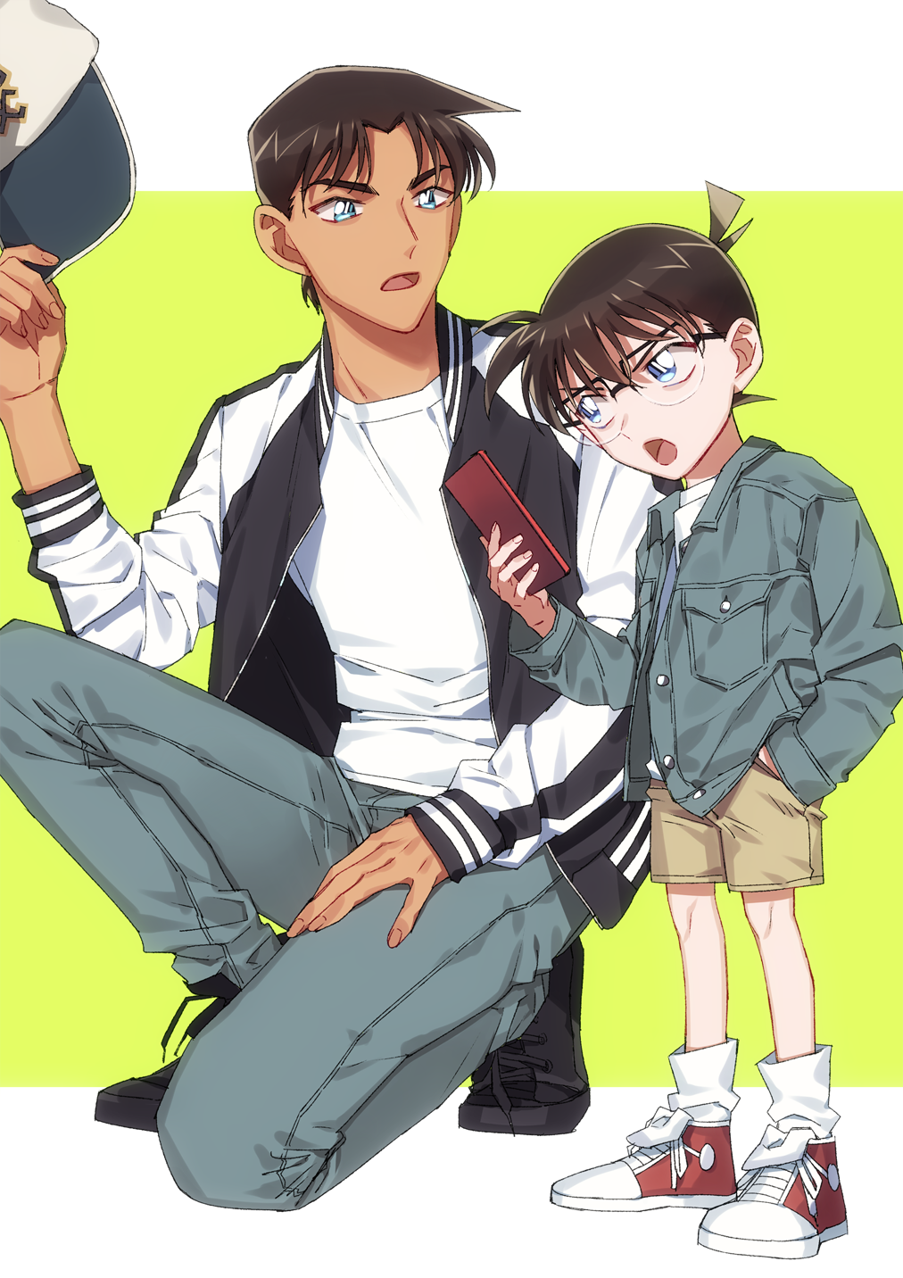 2boys bangs baseball_cap black-framed_eyewear black_footwear blue_eyes blue_jacket brown_hair brown_shorts buttons casual cellphone child commentary_request dark_skin dark_skinned_male denim denim_jacket edogawa_conan glasses green_background grey_pants hand_in_pocket hat hattori_heiji headwear_removed highres holding holding_clothes holding_hat holding_phone jacket k_(gear_labo) letterman_jacket long_sleeves looking_at_another male_focus meitantei_conan multiple_boys one_knee open_clothes open_jacket open_mouth pants phone serious shirt shoes short_hair shorts sneakers socks standing two-tone_background v-shaped_eyebrows white_background white_legwear white_shirt