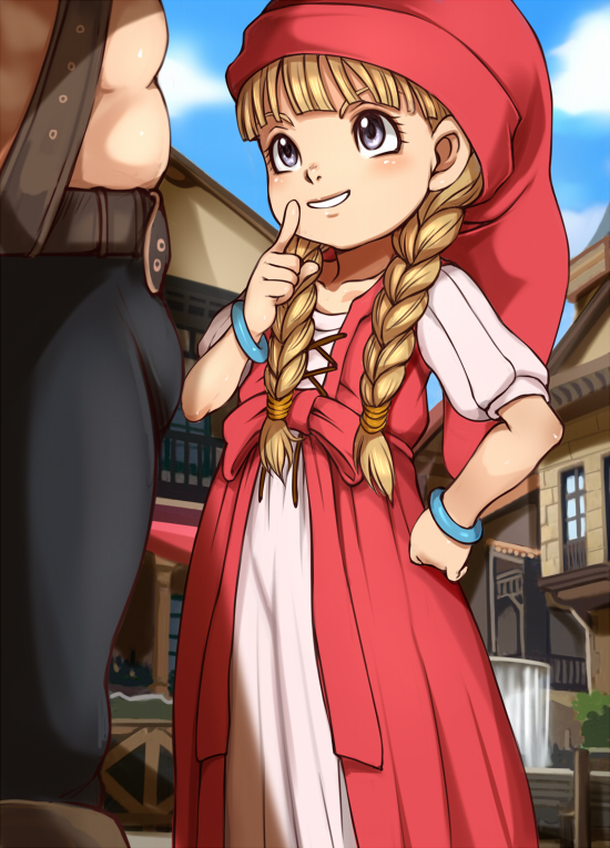 1boy 1girl blonde_hair blue_eyes bracelet braid dragon_quest dragon_quest_xi dress e10 earrings finger_to_mouth hair_over_shoulder hat jewelry long_hair red_headwear smile twin_braids veronica_(dq11)