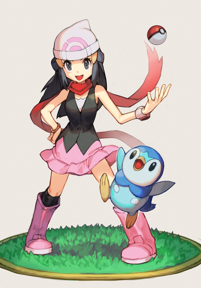 1girl beanie black_eyes black_hair hikari_(pokemon) gen_4_pokemon hair_ornament hairclip hand_on_hip hand_up hankuri hat hankuri long_hair looking_at_viewer open_mouth piplup pokemon pokemon_(creature) pokemon_(game) pokemon_dppt red_scarf scarf shirt shoes skirt solo starter_pokemon vest white_headwear