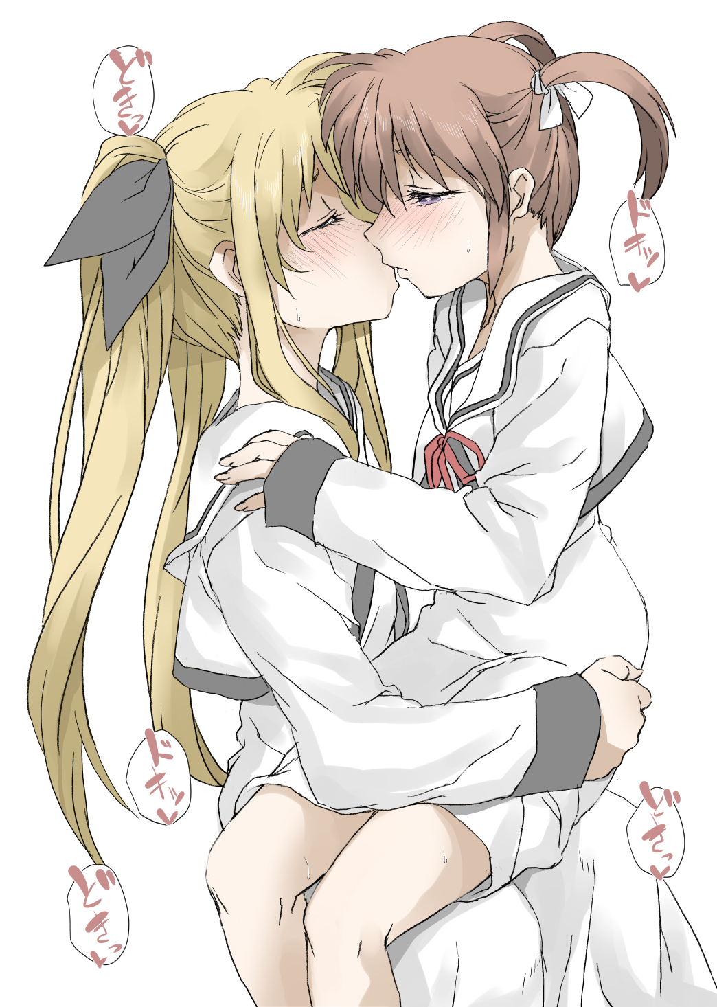 2girls blonde_hair blush brown_hair closed_eyes couple elf_(stroll_in_the_woods) fate_testarossa highres kiss legs long_hair lyrical_nanoha mahou_shoujo_lyrical_nanoha mahou_shoujo_lyrical_nanoha_a's medium_hair multiple_girls school_uniform short_twintails simple_background sitting sitting_on_lap sitting_on_person takamachi_nanoha thighs translation_request twintails uniform white_background yuri