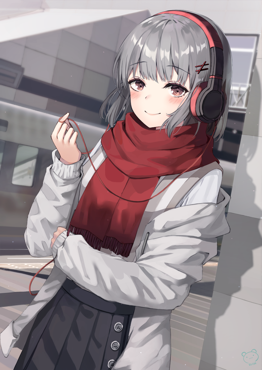 1girl bangs black_skirt blush brown_eyes closed_mouth commentary_request eyebrows_visible_through_hair fringe_trim grey_hair grey_jacket hair_ornament hairclip hand_up headphones highres jacket off_shoulder open_clothes open_jacket original pleated_skirt red_scarf revision ruda_(ruda_e) scarf shirt skirt smile solo train_station white_shirt