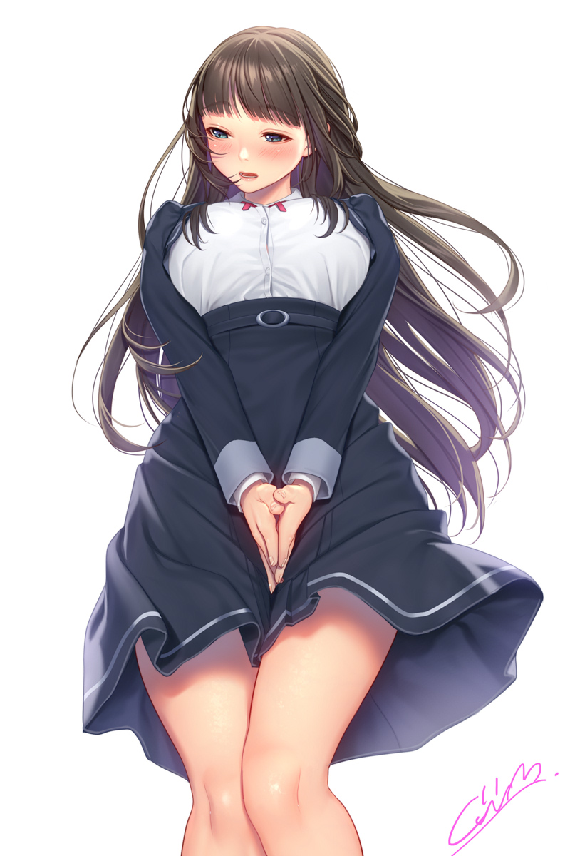 1girl bangs black_hair black_jacket black_skirt blue_eyes blush breasts covering covering_crotch cropped_jacket eyebrows_visible_through_hair from_below hands_together high-waist_skirt highres jacket large_breasts legs_together long_hair long_sleeves looking_to_the_side masami_chie open_mouth original red_ribbon ribbon school_uniform shirt shirt_tucked_in signature simple_background skirt solo standing straight_hair white_background white_shirt wind