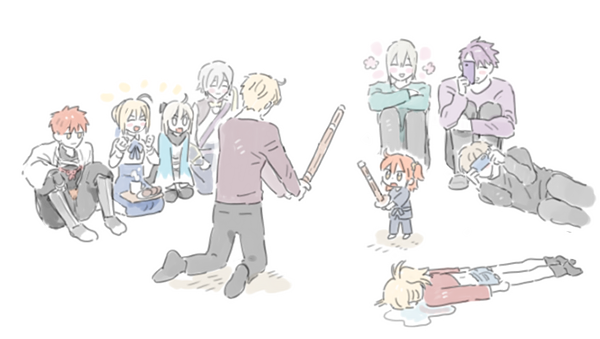 4girls 6+boys :d ahoge arms_at_sides arthur_pendragon_(fate) artoria_pendragon_(all) bedivere blonde_hair blush_stickers cczyjs cellphone chibi closed_eyes fate/grand_order fate_(series) fujimaru_ritsuka_(female) gao_changgong_(fate) gawain_(fate/extra) grey_hair holding holding_sword holding_weapon jitome kendo kneeling lancelot_(fate/grand_order) leg_hug lying mordred_(fate) mordred_(fate)_(all) multiple_boys multiple_girls okita_souji_(fate) okita_souji_(fate)_(all) on_back on_side open_mouth orange_hair phone puddle purple_hair rectangular_mouth saber seiza sengo_muramasa_(fate) shinai simple_background sitting smartphone smile sword weapon white_background white_hair wooden_sword