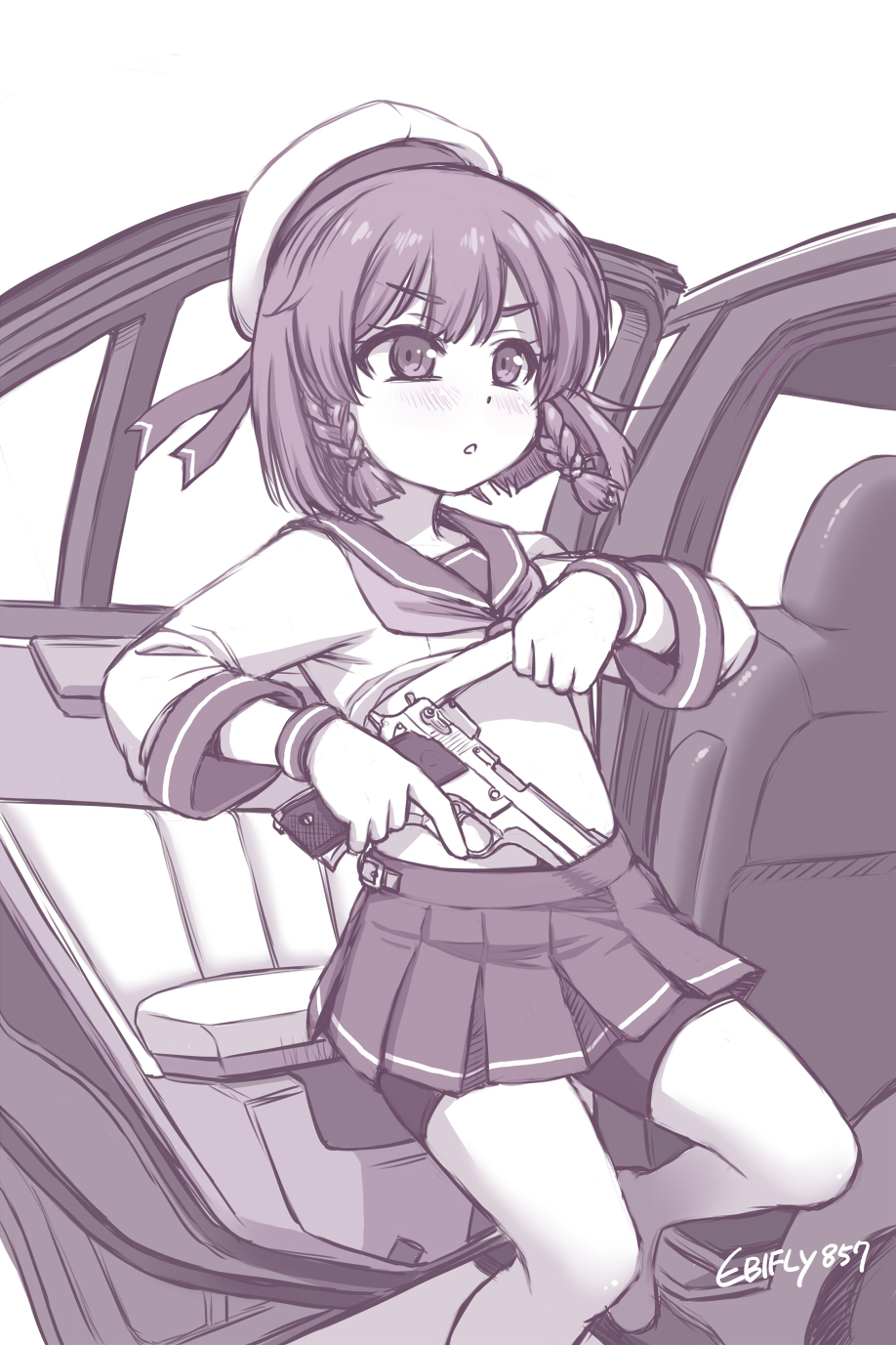 1girl bike_shorts car ebifly etorofu_(kantai_collection) eyebrows_visible_through_hair ground_vehicle gun handgun hat highres holding holding_gun holding_weapon kantai_collection lifted_by_self long_sleeves monochrome motor_vehicle parted_lips pleated_skirt purple_theme school_uniform serafuku shirt_lift short_hair side_braids signature simple_background skirt smith_&amp;_wesson_5906 solo standing trigger_discipline weapon white_background