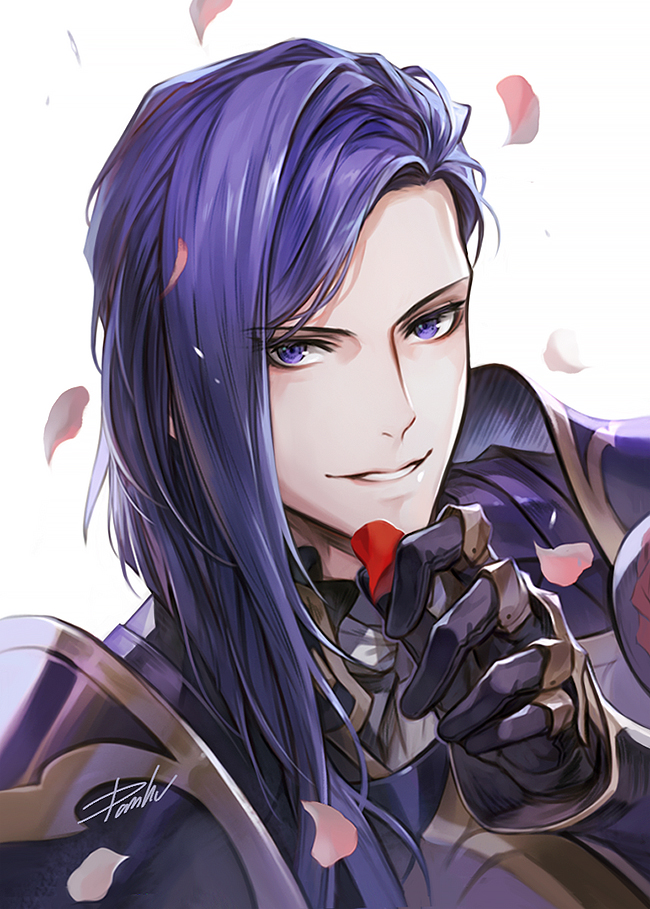 1boy armor bangs danhu falling_petals fire_emblem fire_emblem:_three_houses gauntlets hand_up holding holding_petal long_hair looking_at_viewer lorenz_hellman_gloucester male_focus pauldrons petals purple_hair shoulder_armor signature simple_background smile solo swept_bangs upper_body violet_eyes white_background