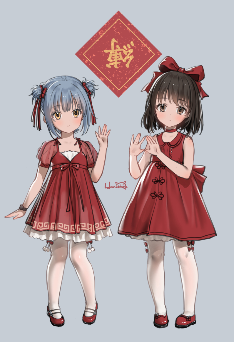 2girls bangs black_hair blush bow brown_eyes choker closed_mouth collared_shirt commentary_request double_bun dress eyebrows_visible_through_hair flower grey_background grey_hair hair_bow hand_up hands_up haneru looking_at_viewer multiple_girls original pantyhose pleated_dress puffy_short_sleeves puffy_sleeves red_bow red_choker red_dress red_flower see-through see-through_sleeves shirt shoes short_hair short_sleeves signature smile standing white_legwear