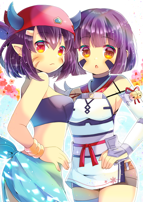 2girls :o abukuma_(azur_lane) abukuma_(azur_lane)_(cosplay) azur_lane bandeau bangle bangs bare_shoulders bell belt black_bandeau black_shorts blush bracelet breasts brown_belt brown_eyes closed_mouth copyright_request cosplay costume_switch crossover detached_sleeves dress ear_piercing eyebrows_visible_through_hair facial_mark fang fang_out floral_background hair_between_eyes hand_on_hip horns horns_through_headwear jewelry jingle_bell kouu_hiyoyo multiple_girls obi parted_lips piercing pointy_ears purple_hair red_eyes red_headwear sash short_hair short_shorts shorts small_breasts white_dress white_sleeves