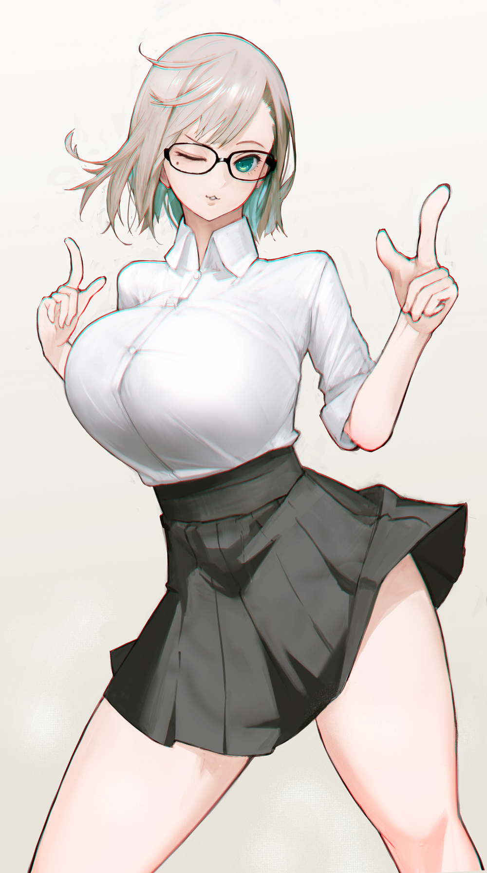 1girl black_skirt breasts eyelashes finger_gun gigantic_breasts glasses green_eyes happy highres hiragana_oufu large_breasts looking_at_viewer medium_hair one_eye_closed original shirt simple_background sketch skirt solo standing white_shirt