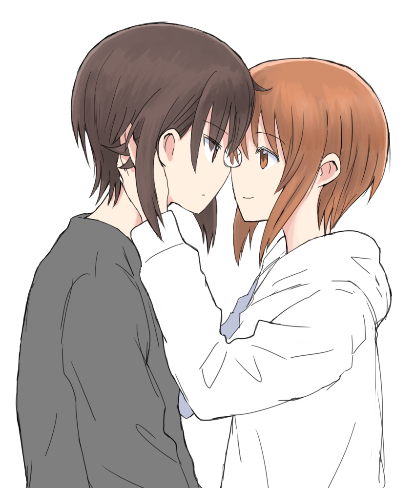 2girls bangs brown_eyes brown_hair casual closed_mouth commentary eyebrows_visible_through_hair from_side girls_und_panzer grey_shirt hand_in_another's_hair hood hood_down hoodie incest light_frown long_sleeves looking_at_another multiple_girls mutsu_(layergreen) nishizumi_maho nishizumi_miho shirt short_hair siblings sisters smile upper_body white_shirt yuri