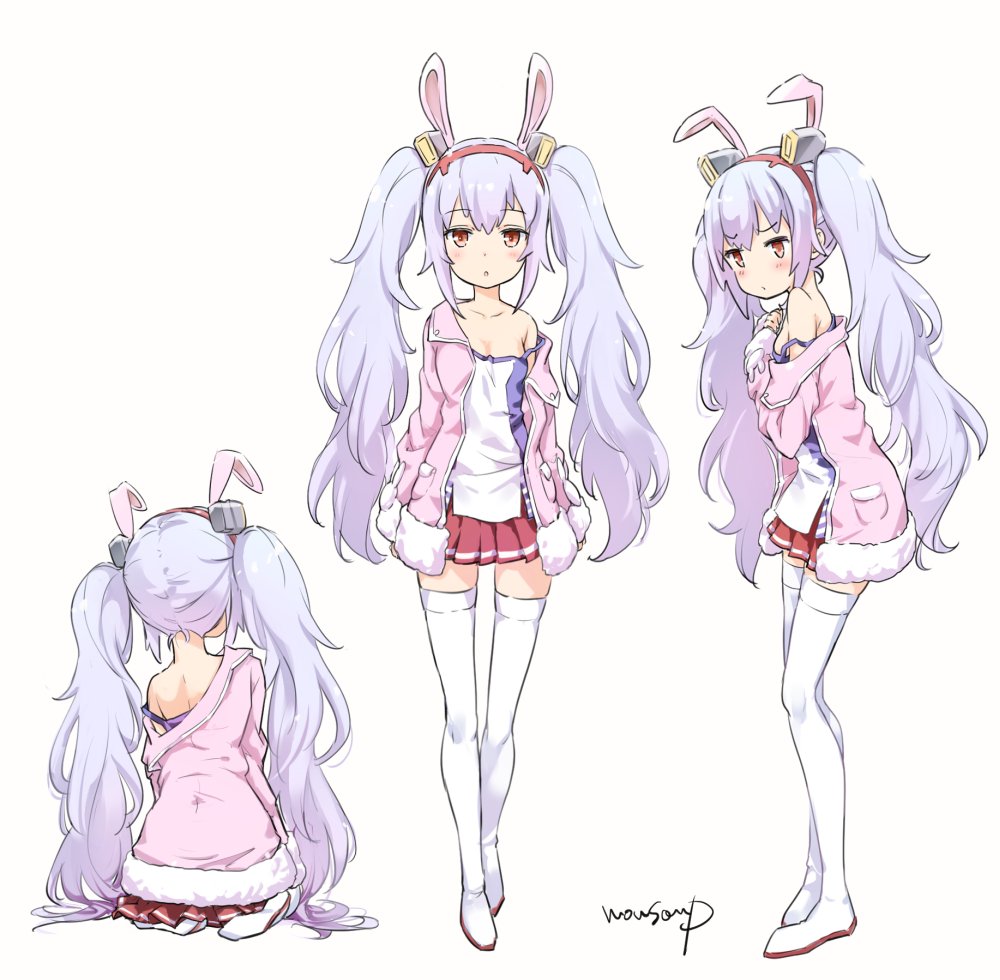 1girl :o animal_ears azur_lane bangs blush breasts collarbone commentary_request eyebrows_visible_through_hair facing_away fake_animal_ears full_body fur_trim hairband laffey_(azur_lane) long_hair looking_at_viewer moupii_(hitsuji_no_ki) multiple_views parted_lips pink_coat pleated_skirt rabbit_ears red_skirt shirt signature silver_hair simple_background skirt small_breasts standing thigh-highs twintails very_long_hair white_background white_legwear white_shirt zettai_ryouiki