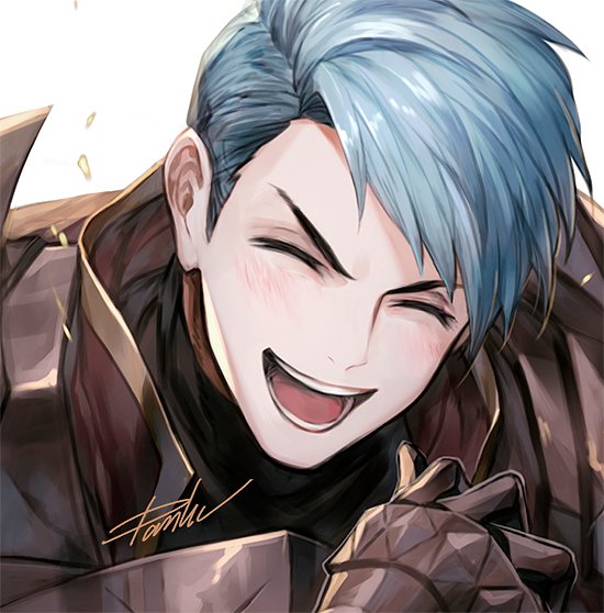 1boy ^_^ armor bangs blue_hair blush breastplate caspar_von_bergliez close-up closed_eyes danhu face fire_emblem fire_emblem:_three_houses gauntlets grin looking_at_viewer male_focus open_mouth red_armor short_hair signature simple_background smile solo upper_body v-shaped_eyebrows white_background