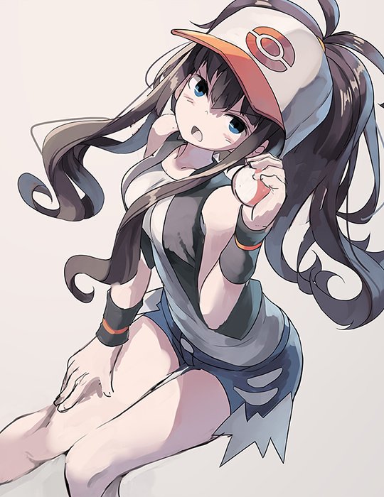 1girl baseball_cap black_vest blue_eyes breasts brown_hair curly_hair cutoffs denim denim_shorts hat high_ponytail hilda_(pokemon) huanxiang_huifeng long_hair looking_at_viewer poke_ball pokemon pokemon_(game) pokemon_bw ponytail shirt short_shorts shorts simple_background sleeveless sleeveless_shirt smile solo tank_top vest white_shirt wristband