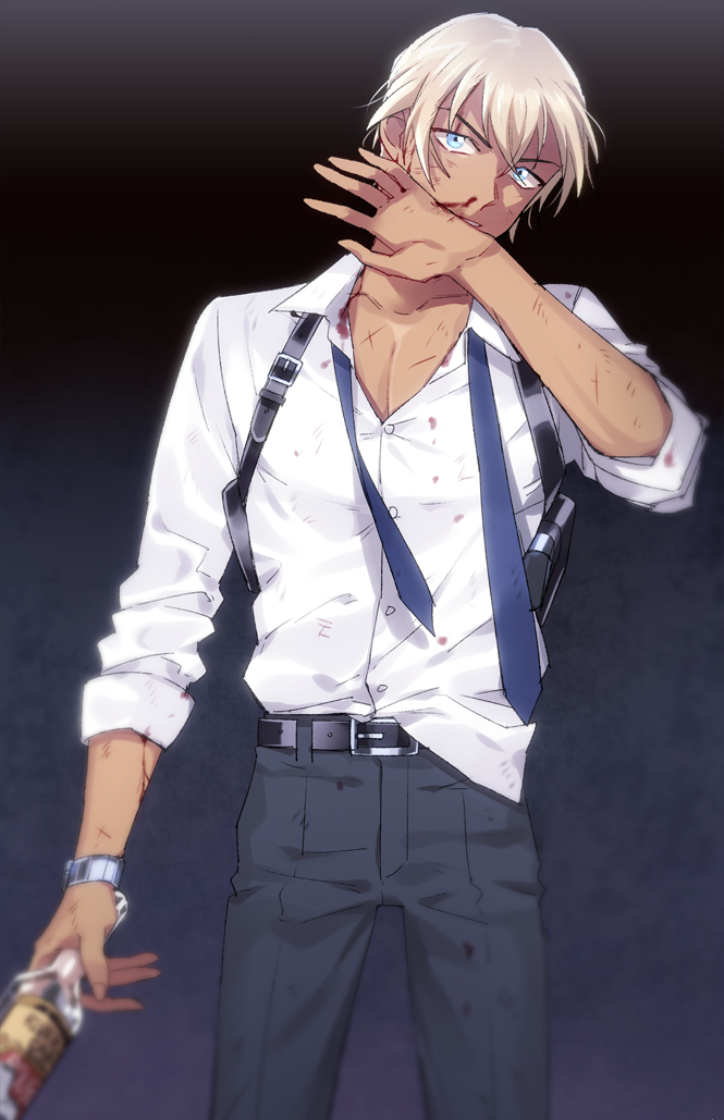1boy amuro_tooru bangs belt bleeding blonde_hair blood blood_on_arm blood_on_face bloody_clothes bloody_nose blue_eyes blue_neckwear blurry bottle buttons collarbone collared_shirt commentary_request covering_mouth cuts depth_of_field dress_shirt gradient gradient_background grey_pants hair_between_eyes hand_up harness holding holding_bottle injury k_(gear_labo) looking_at_viewer male_focus meitantei_conan necktie pants pectorals shirt short_hair simple_background sleeves_rolled_up solo standing undone_necktie watch watch white_shirt