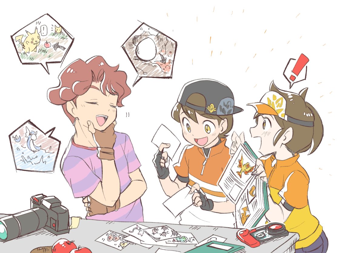 ! 1girl 2boys :d apple backwards_hat bangs baseball_cap black_headwear blush brown_gloves brown_hair bulbasaur camera chin_stroking closed_eyes commentary_request dratini dugtrio eyebrows_visible_through_hair female_protagonist_(new_pokemon_snap) fingerless_gloves food fruit gen_1_pokemon gloves hat holding legendary_pokemon magnemite male_protagonist_(new_pokemon_snap) mew moltres multiple_boys mythical_pokemon nagi_(exsit00) new_pokemon_snap open_mouth photo_(object) pikachu pointing pokemon pokemon_snap purple_shirt shirt short_hair short_sleeves smile spoken_exclamation_mark striped striped_shirt t-shirt teeth todd_snap tongue visor_cap white_background yellow_eyes
