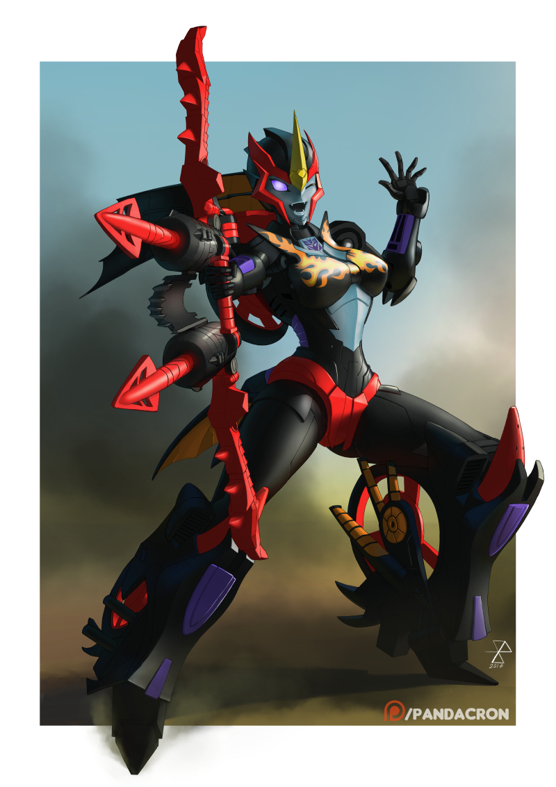 1girl artist_name bow_(weapon) decepticon fangs flame_print flamewar holding holding_bow_(weapon) holding_weapon horns insignia mecha no_humans one_eye_closed open_hand pandacron patreon_logo science_fiction single_horn solo transformers violet_eyes weapon