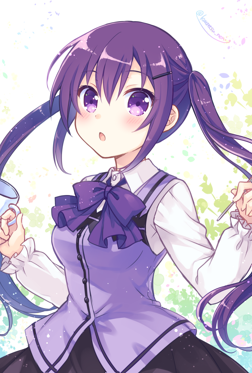 1girl bangs black_skirt blush collared_shirt eyebrows_visible_through_hair floating_hair gochuumon_wa_usagi_desu_ka? hair_between_eyes hair_ornament hairclip highres holding kousetsu long_hair long_sleeves looking_at_viewer open_mouth purple_hair purple_neckwear purple_vest rabbit_house_uniform shiny shiny_hair shirt skirt solo standing tedeza_rize very_long_hair vest violet_eyes white_shirt wing_collar