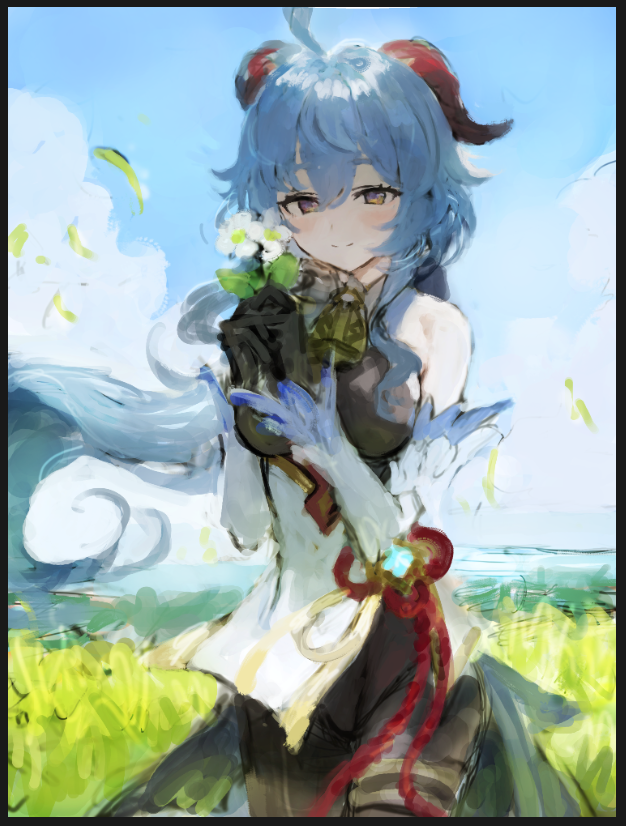 1girl ahoge bangs bare_shoulders bell black_gloves blue_hair breasts closed_mouth daisy detached_sleeves dress eyebrows_visible_through_hair feet_out_of_frame flower flower_pot ganyu_(genshin_impact) genshin_impact gloves hair_between_eyes holding holding_pot horns kneeling long_hair looking_at_viewer medium_breasts pot red_ribbon ribbon smile solo sonchi very_long_hair violet_eyes white_dress white_flower