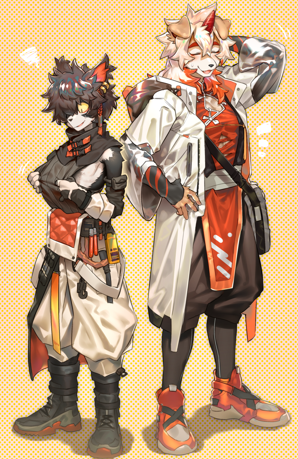 2boys aak_(arknights) ahonobo alternate_costume animal_ears arknights bangs bare_shoulders blush brown_fur brown_pants bursting_pecs cleavage_cutout clothing_cutout coat cosplay costume_switch detached_sleeves dog_boy dog_ears full_body furry highres horns hung_(arknights) leggings male_focus medium_hair multicolored_hair multiple_boys muscular muscular_male orange_eyes orange_hair pants pectorals pelvic_curtain shirt single_horn sleeveless sleeveless_shirt streaked_hair two-tone_fur white_coat white_fur white_hair yellow_eyes