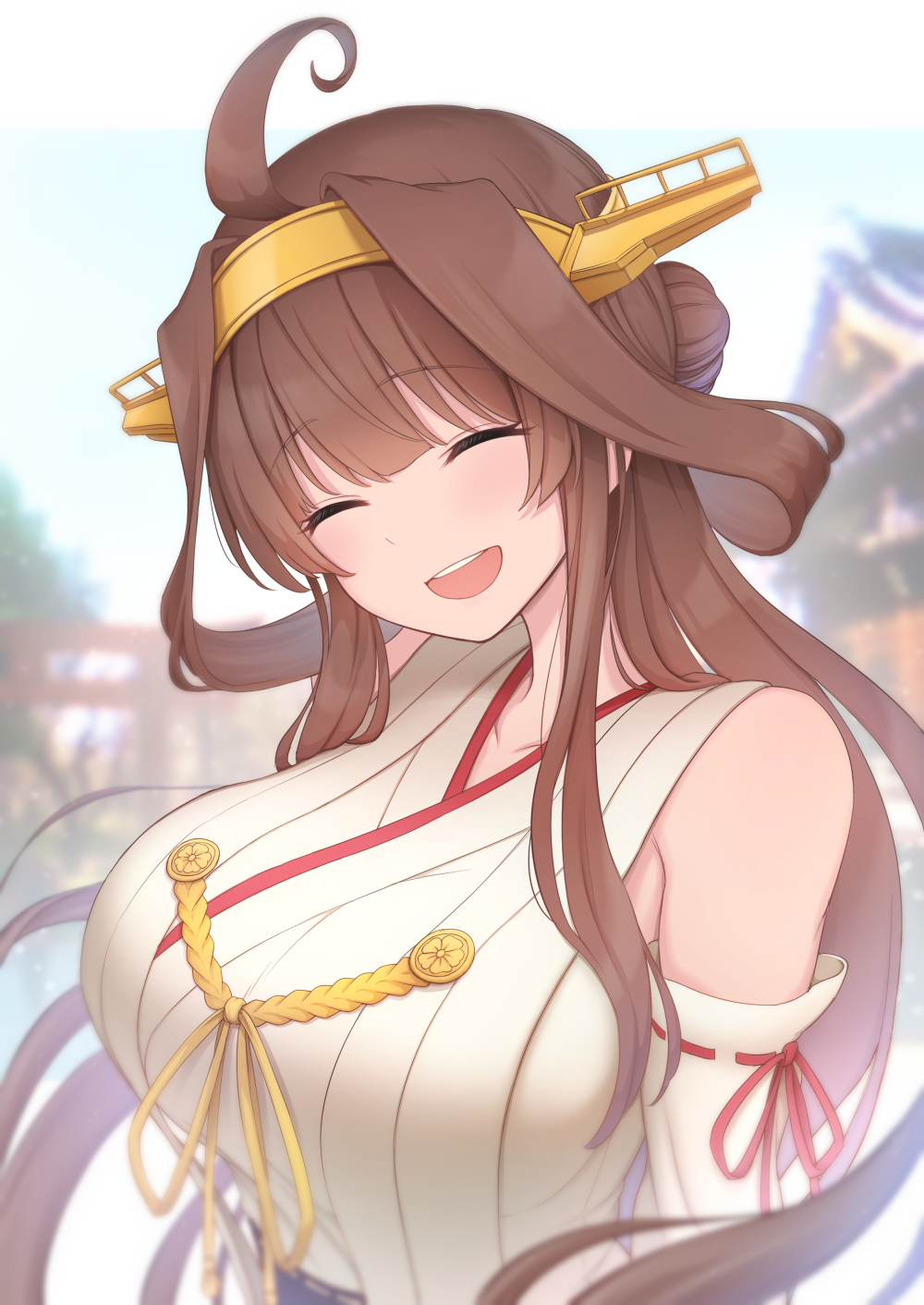 1girl ahoge blurry brown_hair closed_eyes depth_of_field detached_sleeves double_bun hairband headgear highres japanese_clothes kantai_collection kongou_(kantai_collection) long_hair open_mouth otonari ribbon-trimmed_sleeves ribbon_trim smile solo upper_body upper_teeth