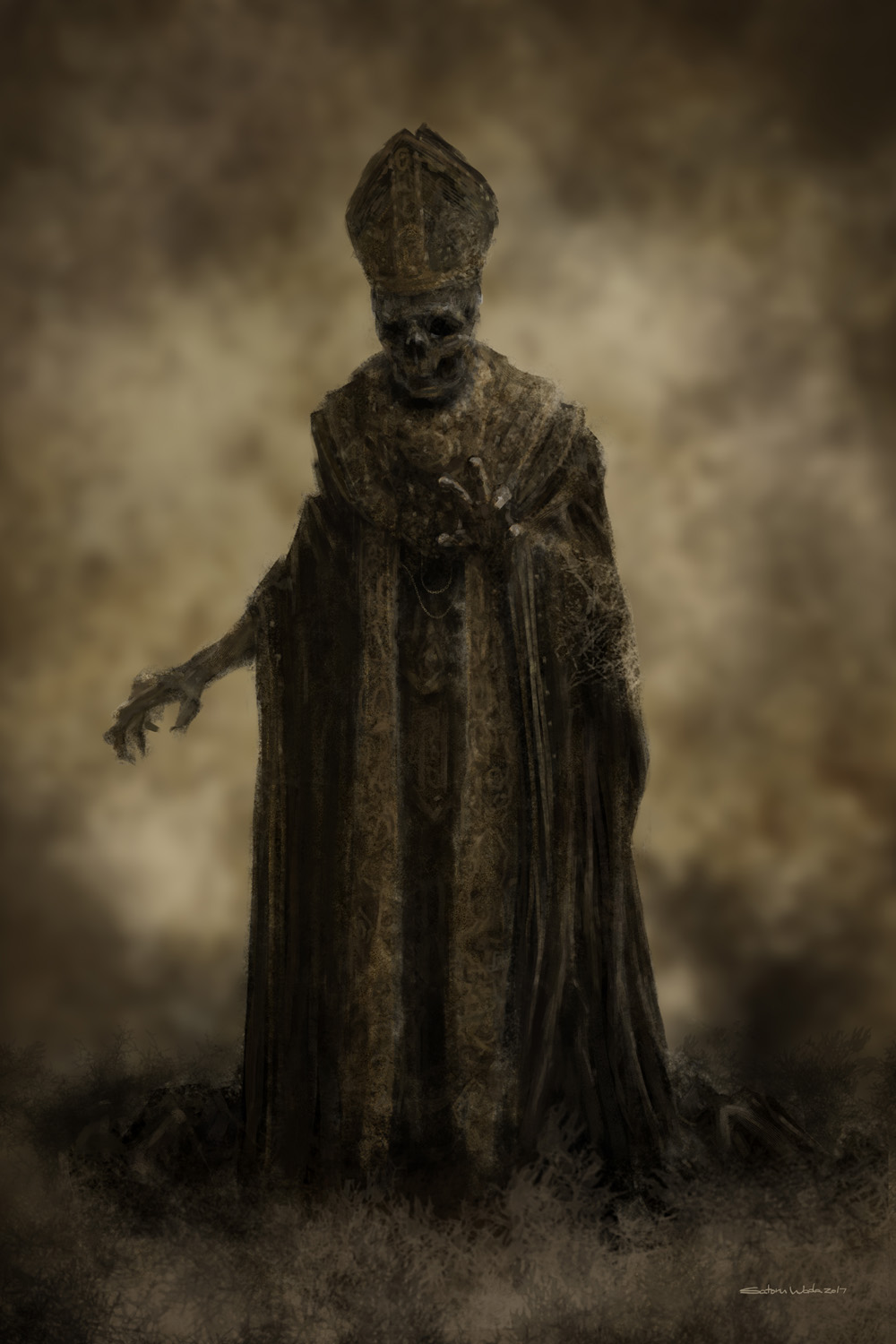 1other brown_theme dated english_commentary fantasy hat highres mitre original pope reaching_out robe satoru_wada signature skeleton solo standing