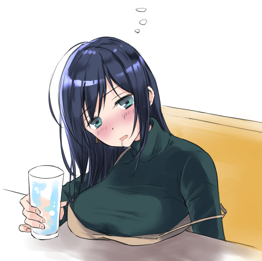 1girl black_hair blue_eyes breast_rest breasts brown_dress commentary_request dress drink drooling glass green_sweater kantai_collection large_breasts long_hair official_alternate_costume saliva simple_background sitting solo souryuu_(kantai_collection) strap_slip sweater turtleneck u0709 upper_body white_background