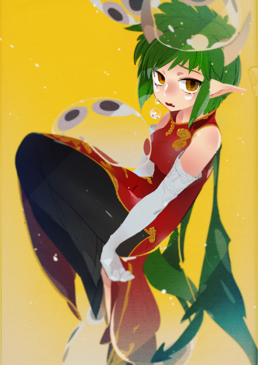 1girl black_pants breasts brown_eyes china_dress chinese_clothes d: draco_centauros dress elbow_gloves gloves green_hair highres horns kuroi_moyamoya looking_at_viewer madou_monogatari medium_breasts open_mouth pants pointy_ears puyopuyo red_dress simple_background slime_(creature) solo tail tears white_gloves yellow_background