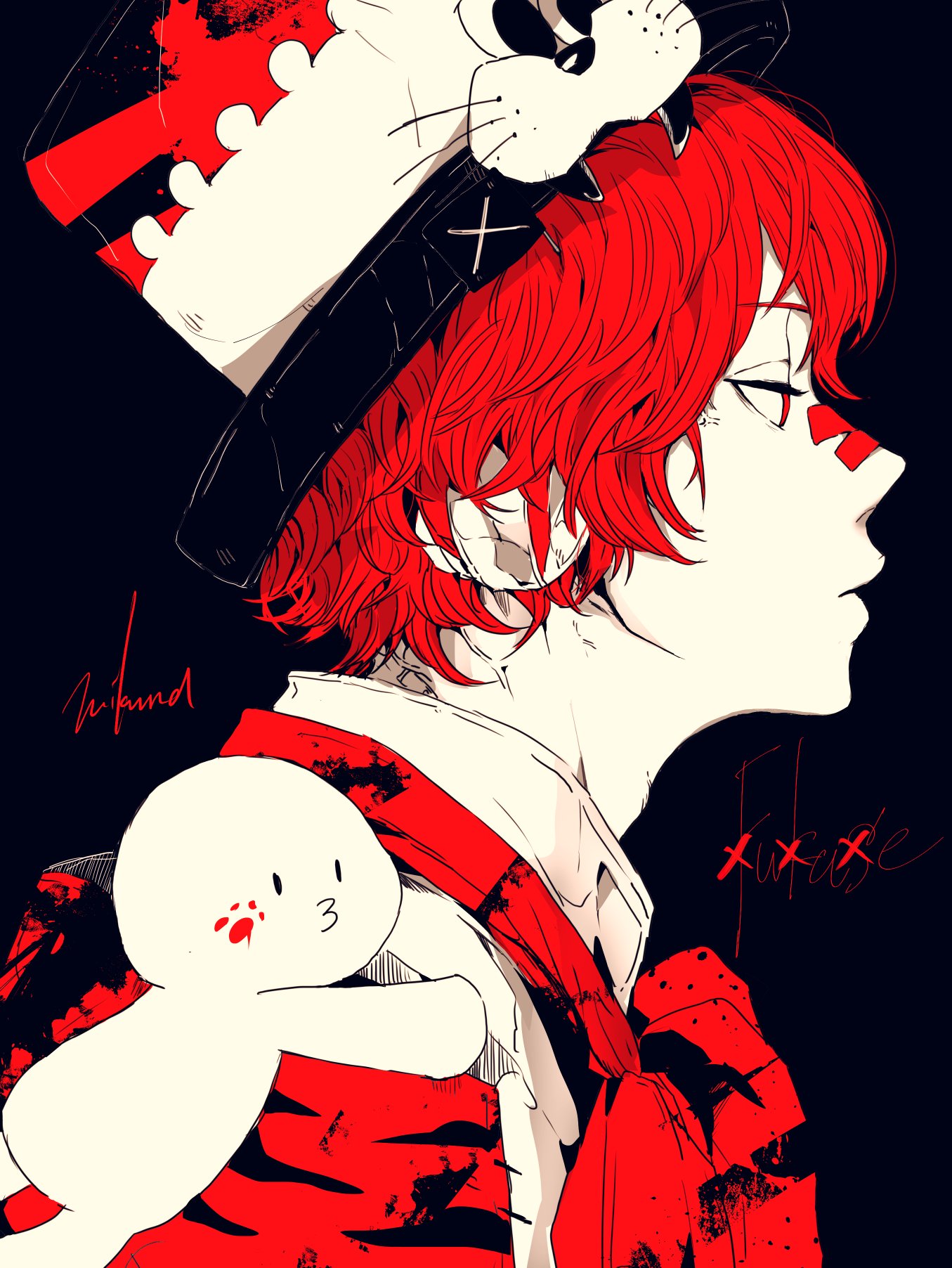 1boy 3kuma bandaid bandaid_on_nose black_background coat commentary fangs from_side fukase half-closed_eyes hat highres male_focus o3o on_shoulder paw_print point_(vocaloid) profile red_eyes red_neckwear redhead signature upper_body vocaloid whiskers white_coat