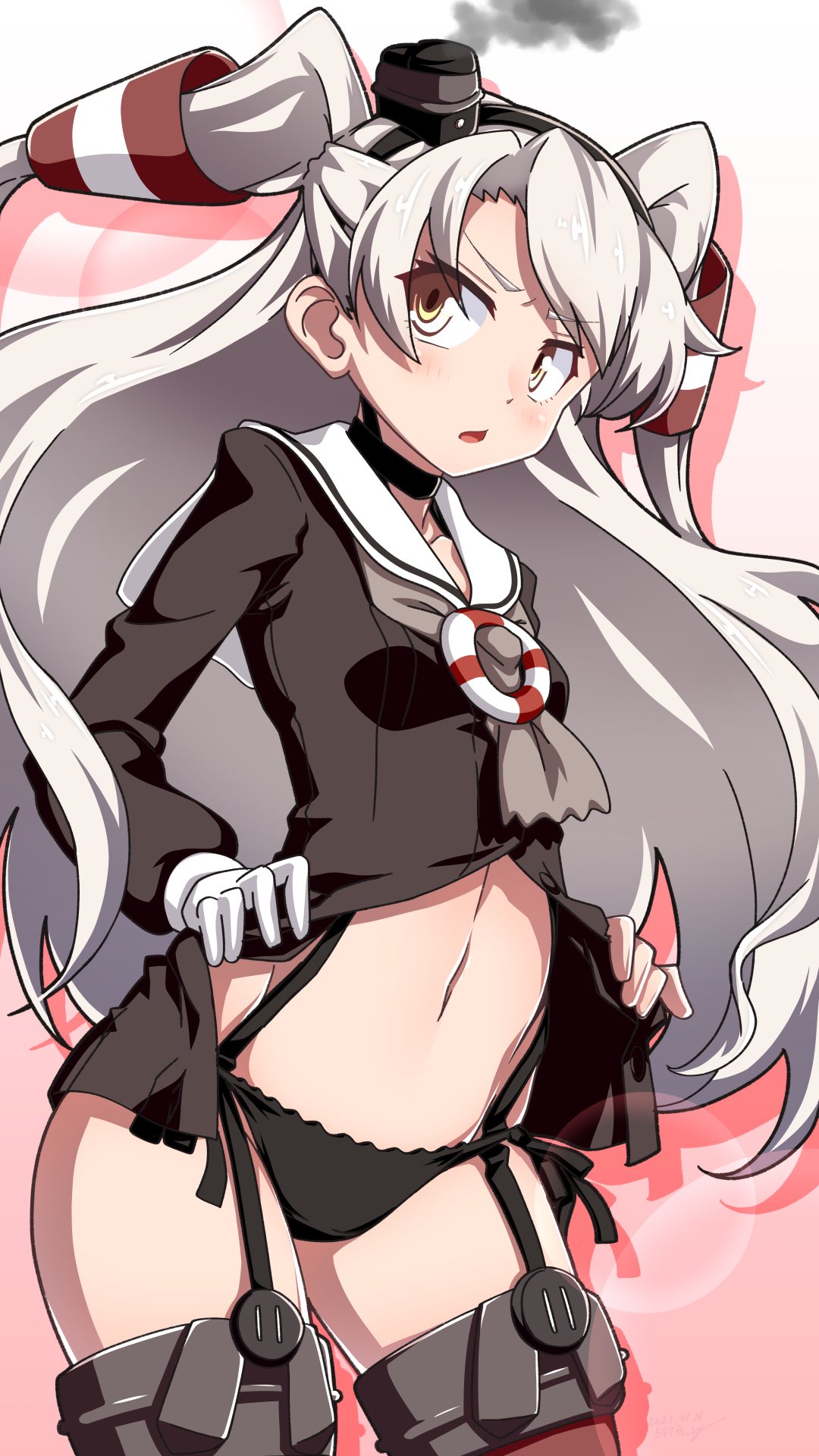 1girl 547th_sy amatsukaze_(kantai_collection) black_dress black_panties brown_eyes commentary_request dress dress_lift garter_straps gloves grey_neckwear hair_tubes hat highres kantai_collection lifebuoy_ornament long_hair looking_at_viewer mini_hat neckerchief open_clothes panties sailor_collar sailor_dress short_dress silver_hair single_glove smoke smokestack_hair_ornament solo thigh-highs two_side_up underwear white_background white_gloves white_sailor_collar windsock