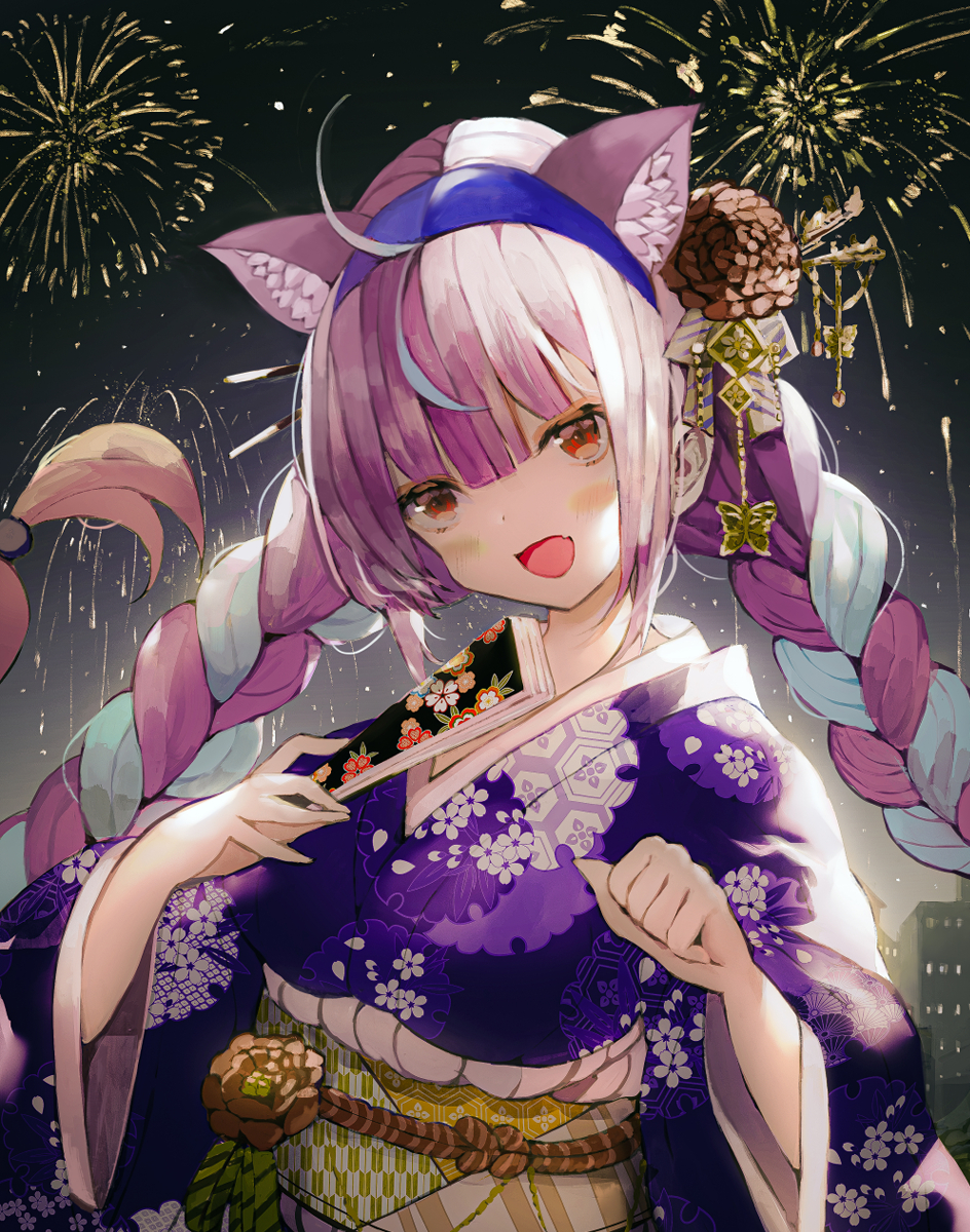1girl :d aerial_fireworks ahoge animal_ear_fluff animal_ears bad_id bad_pixiv_id bangs blue_hair blue_hairband blush braid brown_footwear building cat_ears closed_fan fan fang fireworks floral_print flower folding_fan hair_between_eyes hair_flower hair_ornament hairband head_tilt highres holding holding_fan hololive japanese_clothes kimono long_sleeves looking_at_viewer minato_aqua multicolored_hair night night_sky obi open_mouth outdoors print_kimono purple_hair purple_kimono red_eyes sash senya_fuurin sky smile solo twin_braids twintails two-tone_hair upper_body virtual_youtuber wide_sleeves