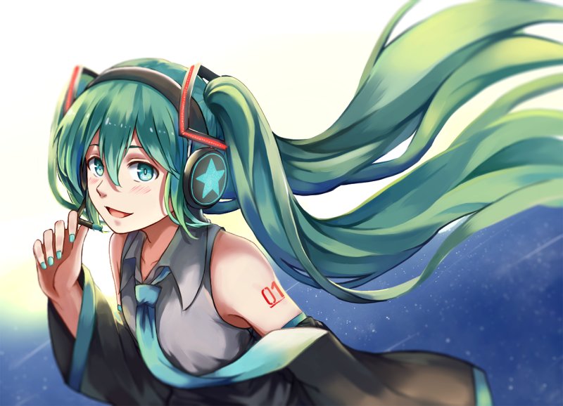 1girl :d aqua_nails arm_at_side bangs bare_shoulders black_sleeves blush detached_sleeves floating_hair floating_necktie green_hair grey_shirt hair_between_eyes hatsune_miku headphones leaning_forward long_hair looking_at_viewer meipoi multicolored multicolored_background nail_polish necktie open_mouth shirt sleeveless sleeveless_shirt smile solo tattoo twintails upper_body very_long_hair vocaloid