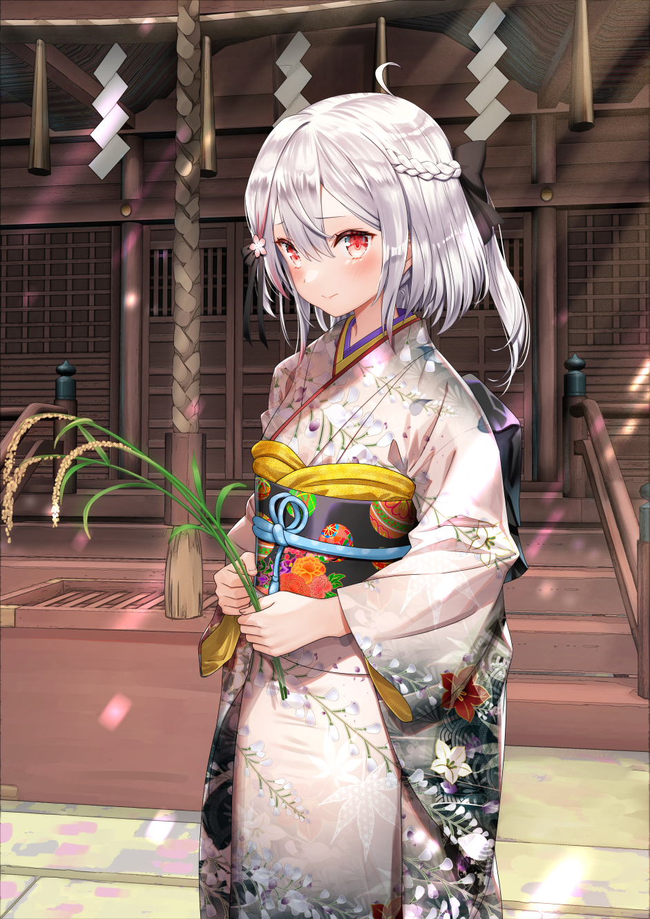 1girl :&gt; ahoge architecture bangs bare_shoulders black_bow black_ribbon blush bow braid closed_mouth commentary_request cowboy_shot day east_asian_architecture floral_print flower grey_kimono hair_between_eyes hair_bow hair_flower hair_ornament hair_ribbon highres holding japanese_clothes kamiki_hasami kimono long_hair long_sleeves looking_at_viewer obi outdoors plivyou print_kimono red_eyes ribbon sash short_hair silver_hair smile solo stairs standing virtual_youtuber yasuyuki