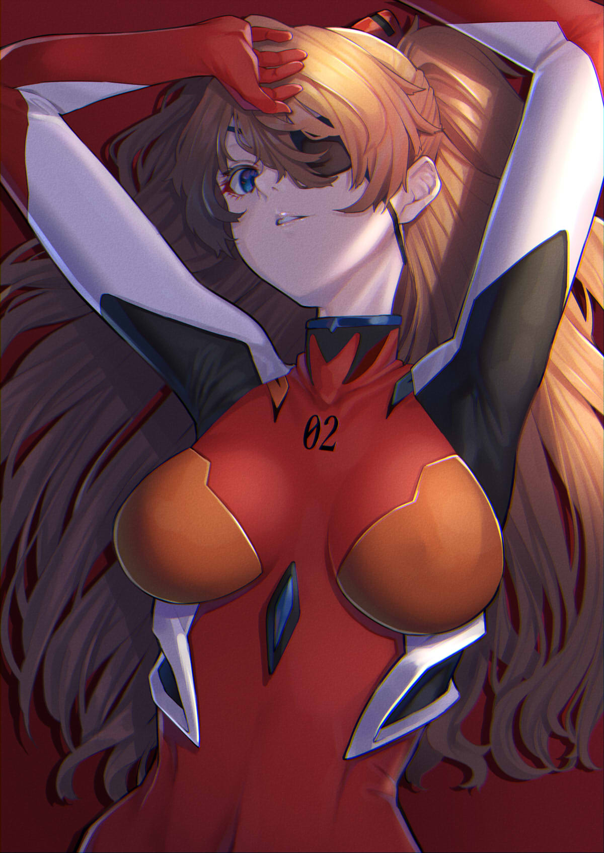 1girl blue_eyes breasts commentary_request evangelion:_3.0_you_can_(not)_redo eyepatch highres long_hair looking_at_viewer medium_breasts mikan_(chipstar182) neon_genesis_evangelion orange_hair plugsuit rebuild_of_evangelion red_background shikinami_asuka_langley solo souryuu_asuka_langley upper_body