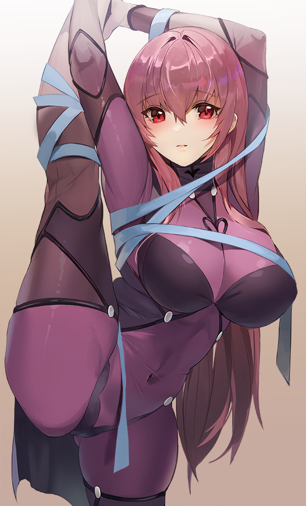 1girl bodysuit breasts covered_navel cowboy_shot damda fate/grand_order fate_(series) hair_intakes large_breasts leg_lift leg_up leotard long_hair looking_at_viewer purple_bodysuit purple_hair purple_leotard red_eyes ribbon scathach_(fate)_(all) scathach_(fate/grand_order) split standing standing_on_one_leg standing_split very_long_hair