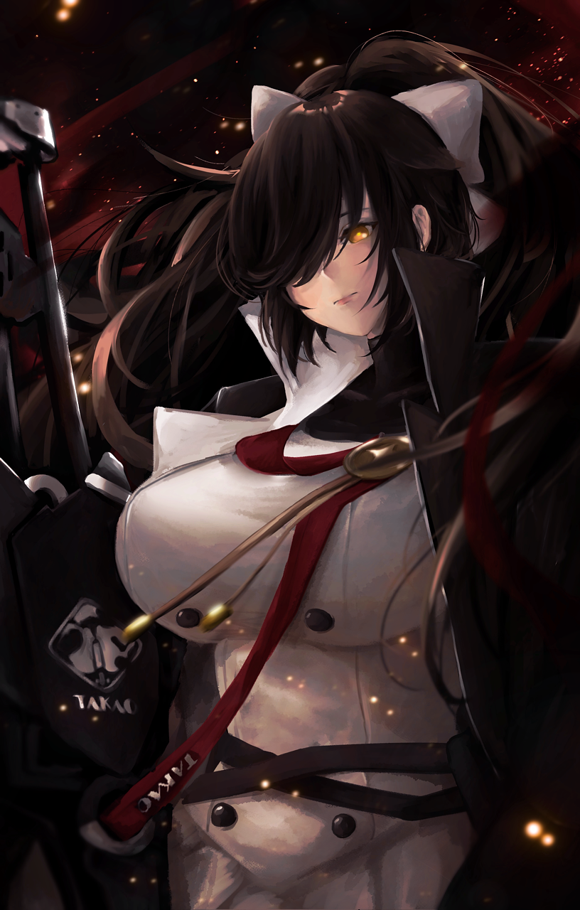1girl artist_request azur_lane black_coat bow breasts brown_hair character_name coat code_t_(azur_lane) dark_persona hair_bow hair_ears hair_over_one_eye highres holding holding_sword holding_weapon impossible_clothes impossible_jacket jacket large_breasts long_hair orange_eyes skirt solo sword takao_(azur_lane) very_long_hair weapon white_bow white_jacket white_skirt