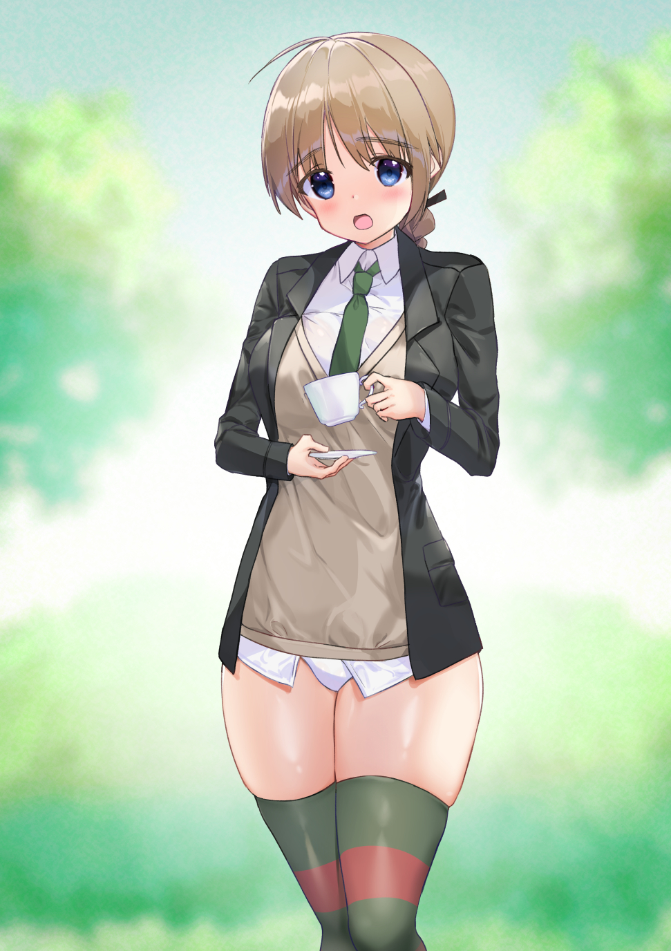 1girl black_jacket blazer blue_eyes blurry braid brown_hair cowboy_shot cup depth_of_field green_neckwear highres holding holding_cup jacket long_hair lynette_bishop mejina multicolored multicolored_clothes multicolored_legwear neckerchief open_mouth panties saucer single_braid solo standing strike_witches striped striped_legwear sweater_vest teacup thigh-highs underwear white_panties world_witches_series