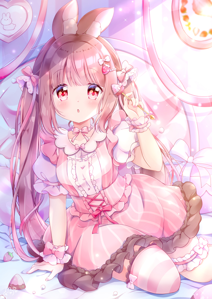 1girl animal_ear_fluff animal_ears apollo_chocolate arm_support bangs blunt_bangs blush bow box brown_hair chiika_(cure_cherish) cross-laced_clothes dress eyebrows_visible_through_hair food food_themed_hair_ornament frills fruit gift gift_box hair_bow hair_ornament hair_ribbon hairclip hand_up heart_button holding jewelry leg_garter light_particles long_hair looking_at_viewer necklace open_mouth original pearl_necklace pink_bow pink_dress pink_eyes pink_legwear pink_theme puffy_short_sleeves puffy_sleeves rabbit_ears ribbon short_sleeves single_thighhigh sitting solo sparkle strawberry strawberry_hair_ornament striped striped_legwear thigh-highs tied_hair twintails vertical_stripes very_long_hair wrist_cuffs yokozuwari