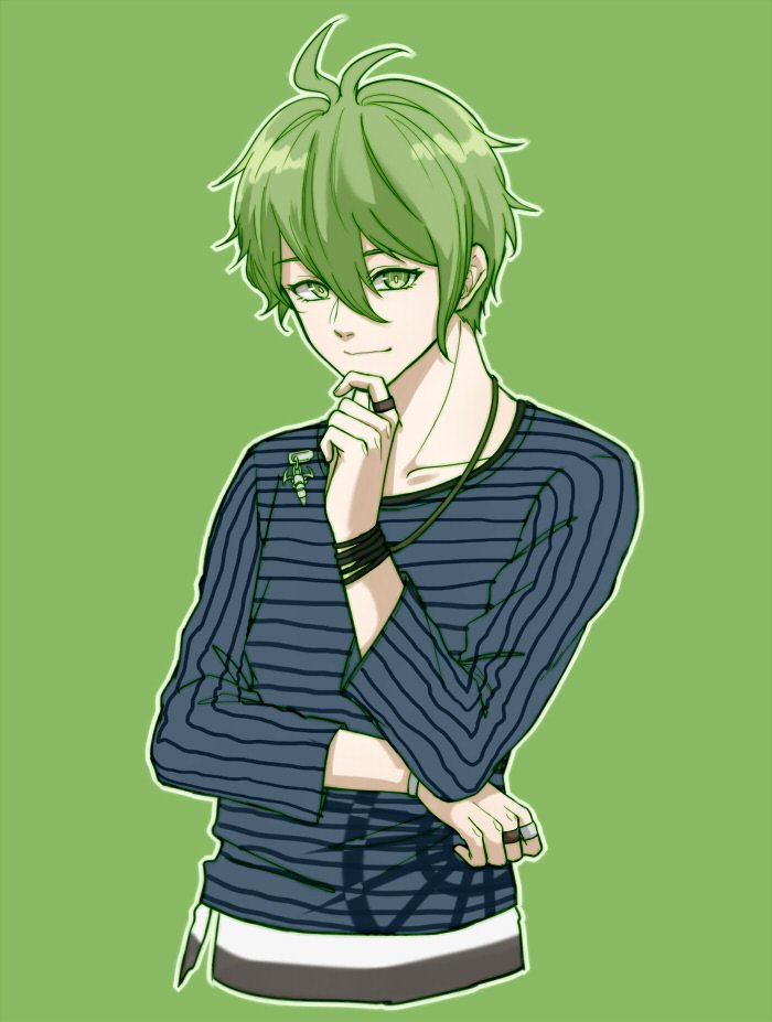 1boy amami_rantarou antenna_hair bangs closed_mouth collarbone commentary_request cropped_torso dangan_ronpa_(series) dangan_ronpa_v3:_killing_harmony ear_piercing green_background green_eyes green_hair hair_between_eyes hand_on_own_chin jewelry long_sleeves looking_at_viewer male_focus meipoi messy_hair necklace piercing ring shiny shiny_hair shirt short_hair simple_background smile solo striped striped_shirt thinking thumb_ring upper_body