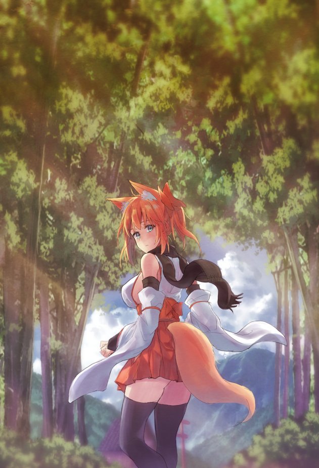 1girl animal_ear_fluff animal_ears bangs bare_shoulders black_legwear black_scarf blue_eyes blue_sky bow breasts closed_mouth clouds cloudy_sky day detached_sleeves eyebrows_visible_through_hair forest fox_ears fox_girl fox_tail from_behind hair_between_eyes hair_bow house japanese_clothes large_breasts looking_at_viewer looking_back nature obi orange_hair original outdoors red_sash red_skirt sash sawaya_(mizukazu) scarf skirt sky solo tail thigh-highs tree walking wide_sleeves