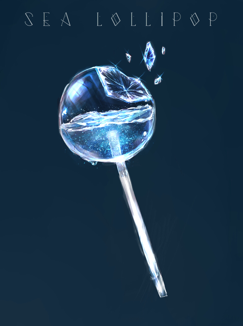 blue_background blue_theme broken candy cocon_(cocon_q) commentary_request english_commentary english_text food glint highres lollipop mixed-language_commentary original partial_commentary shiny simple_background still_life transparent water