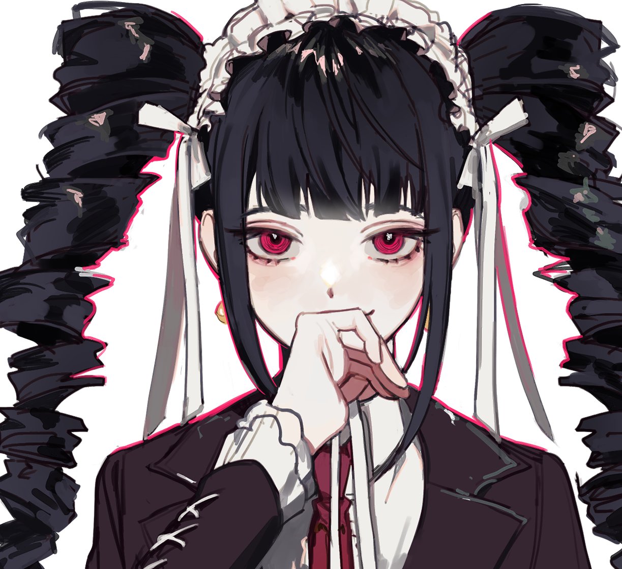 1girl bangs black_hair black_jacket bonnet celestia_ludenberg collared_shirt covering_mouth dangan_ronpa:_trigger_happy_havoc dangan_ronpa_(series) drill_hair earrings face frills gothic_lolita hairband hand_over_own_mouth jacket jewelry lolita_fashion long_hair long_sleeves looking_at_viewer necktie portrait red_eyes shirt simple_background smile solo sudan_73_p twin_drills twintails upper_body white_background white_shirt