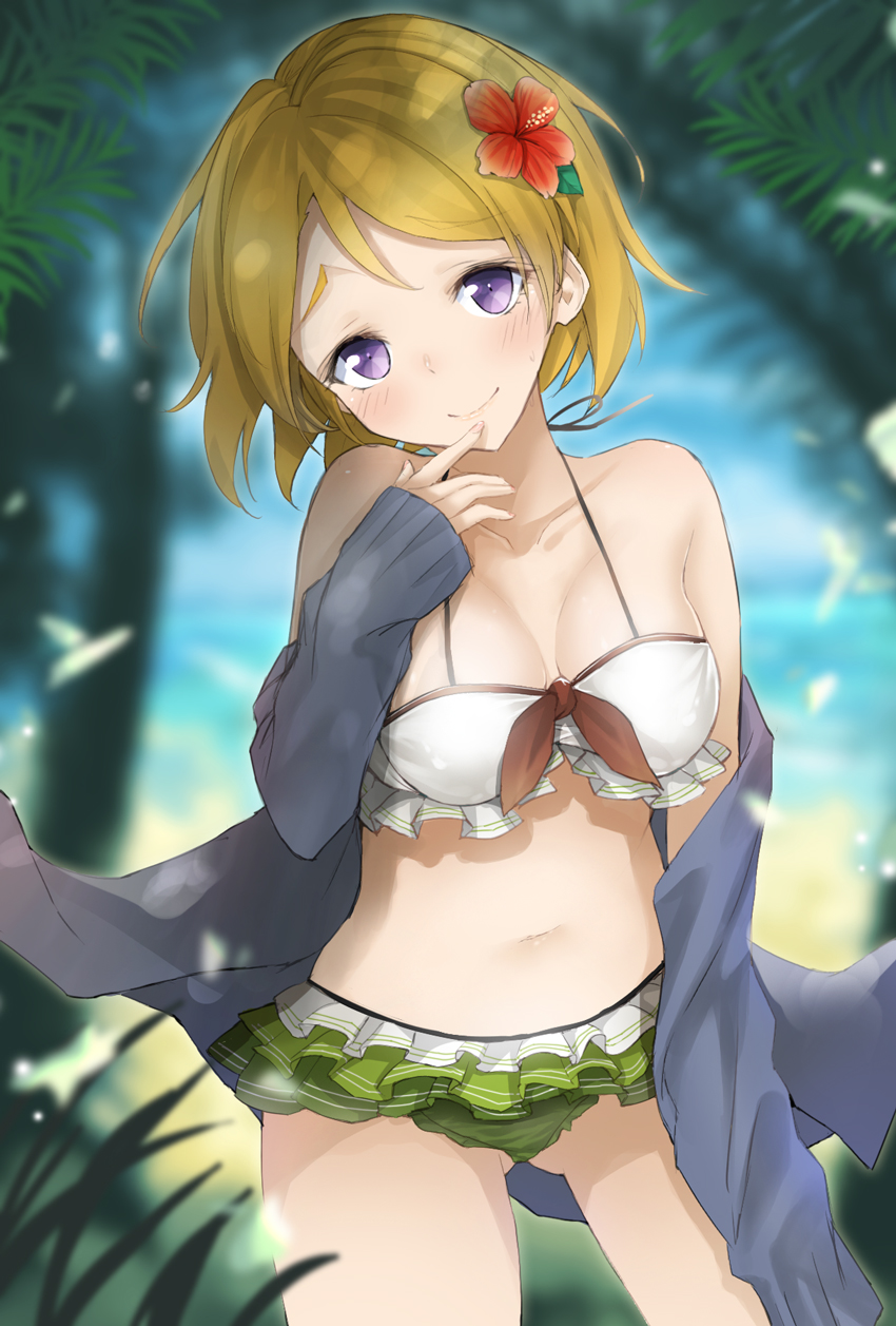 1girl ass_visible_through_thighs bangs bikini blonde_hair blue_jacket blurry blurry_background blush closed_mouth collarbone commentary_request day depth_of_field eyebrows_visible_through_hair flower green_bikini hair_flower hair_ornament hand_up head_tilt highres jacket koizumi_hanayo long_sleeves love_live! mismatched_bikini off_shoulder open_clothes open_jacket outdoors palm_tree red_flower sakasa_(guranyto) sleeves_past_wrists smile solo standing striped striped_bikini swimsuit thick_eyebrows tree violet_eyes white_bikini