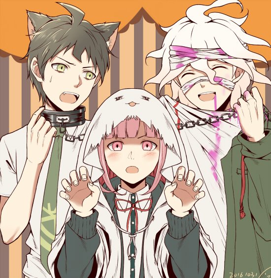 1girl 2boys :d ahoge animal_ears bangs blood bloody_clothes blunt_bangs blush chain claw_pose collar commentary_request dangan_ronpa_(series) dangan_ronpa_2:_goodbye_despair fang flipped_hair ghost_costume glasses green_eyes green_jacket green_neckwear grey_shirt hinata_hajime holding holding_chain hood jacket kemonomimi_mode komaeda_nagito long_sleeves looking_at_viewer meipoi metal_collar multiple_boys nanami_chiaki necktie open_clothes open_jacket open_mouth pink_blood pink_eyes pink_hair ribbon shirt short_hair smile striped sweatdrop upper_body wolf_ears