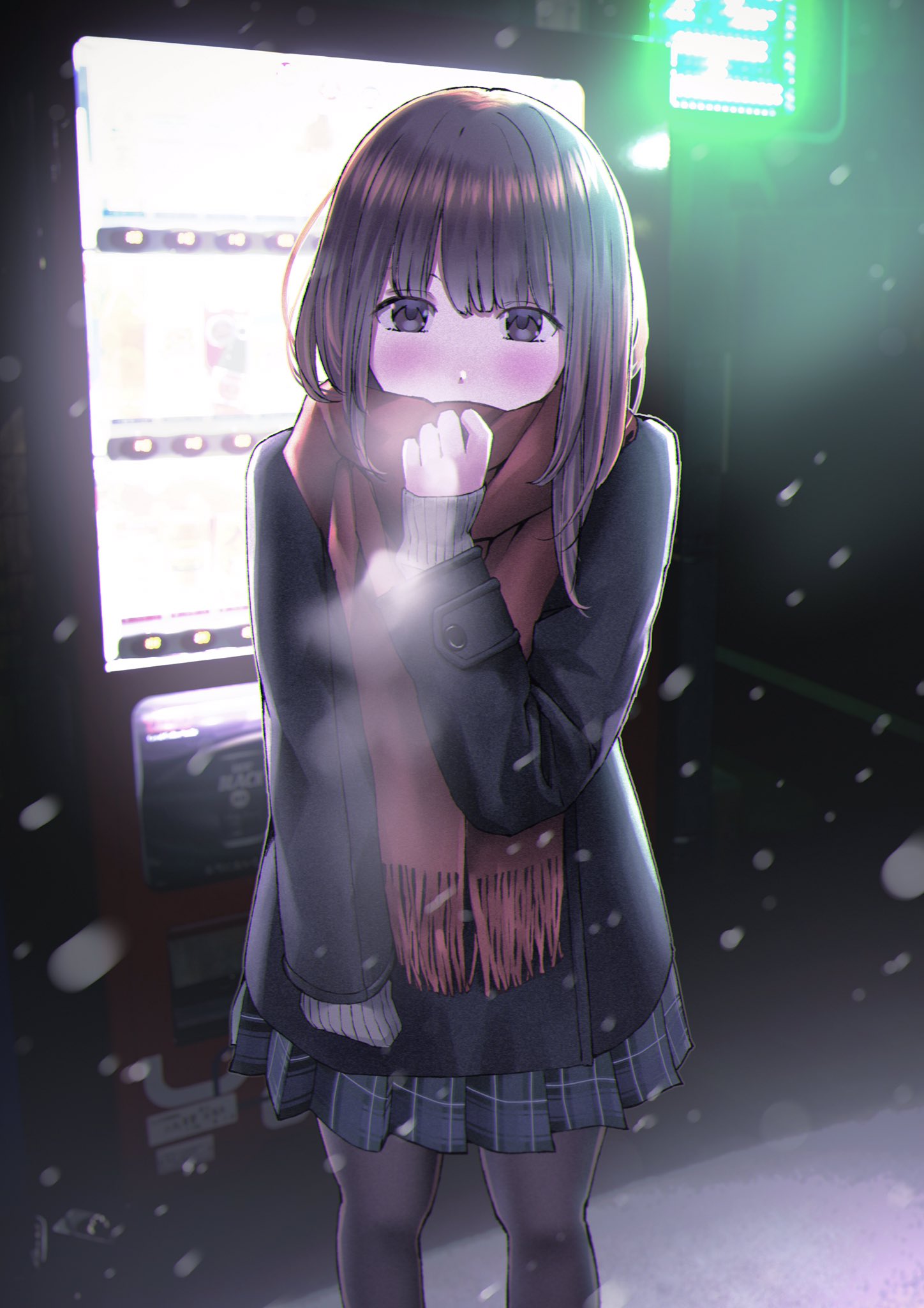 1girl black_jacket black_legwear blue_skirt blush brown_eyes brown_hair chikuwa_(odennabe) covered_mouth highres jacket long_hair long_sleeves looking_at_viewer night original outdoors pantyhose plaid plaid_skirt pleated_skirt red_scarf scarf school_uniform skirt snow snowing solo standing uniform vending_machine