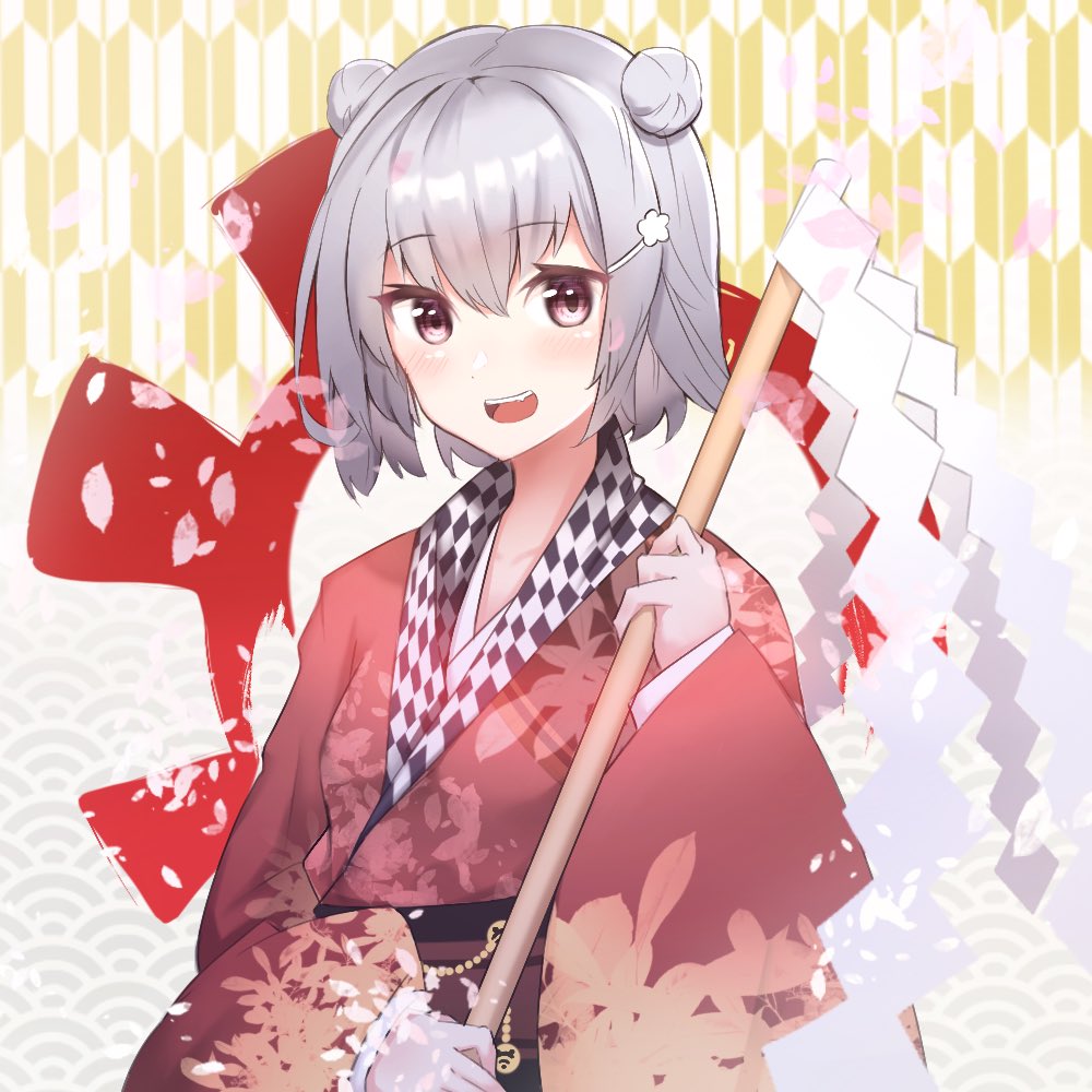 1girl cevio cherry_blossoms double_bun fang floral_print gohei grey_hair hair_bun hair_ornament hairclip holding holding_wand japanese_clothes kimono koharu_rikka looking_at_viewer obi open_mouth ozama3best petals red_kimono sash seigaiha shide short_hair smile solo upper_body violet_eyes wand yagasuri