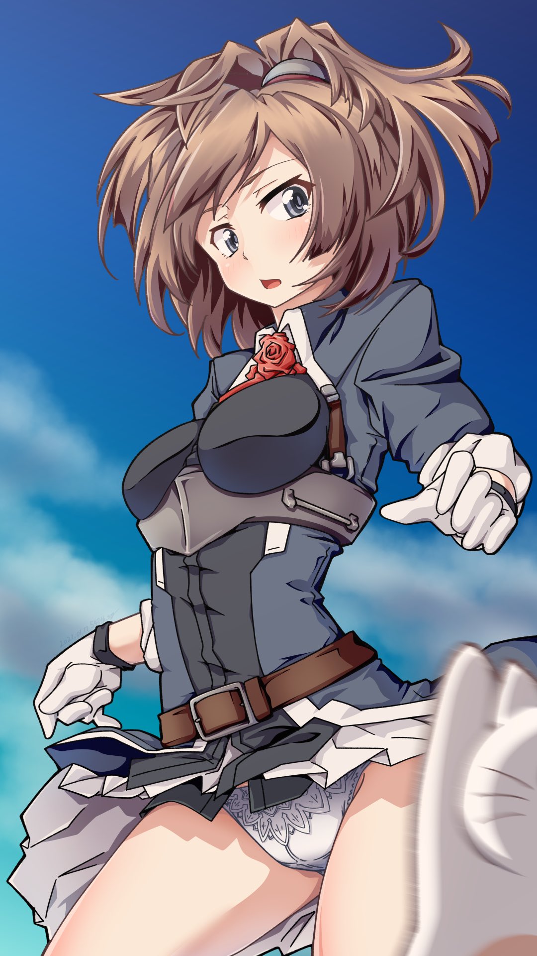 1girl 547th_sy ascot belt blue_eyes blue_sky breasts brown_belt brown_hair cat clouds cloudy_sky flower gloves grey_eyes grey_shirt highres kantai_collection long_hair medium_breasts messy_hair military military_uniform open_mouth outdoors panties pleated_skirt red_flower red_neckwear red_rose rose sheffield_(kantai_collection) shirt skirt sky solo underwear uniform white_gloves white_panties white_skirt