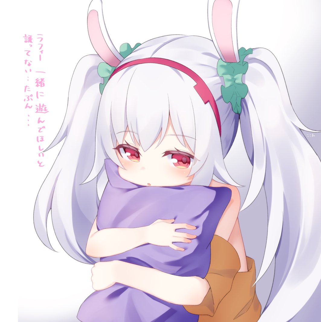 1girl :o animal_ears azur_lane bangs bare_shoulders blush brown_shirt commentary_request eyebrows_visible_through_hair gradient gradient_background green_scrunchie grey_background hair_ornament hair_scrunchie hairband kokone_(coconeeeco) laffey_(azur_lane) long_hair off-shoulder_shirt off_shoulder parted_lips pillow pillow_hug rabbit_ears red_eyes red_hairband scrunchie shirt short_sleeves silver_hair solo translation_request twintails upper_body very_long_hair white_background