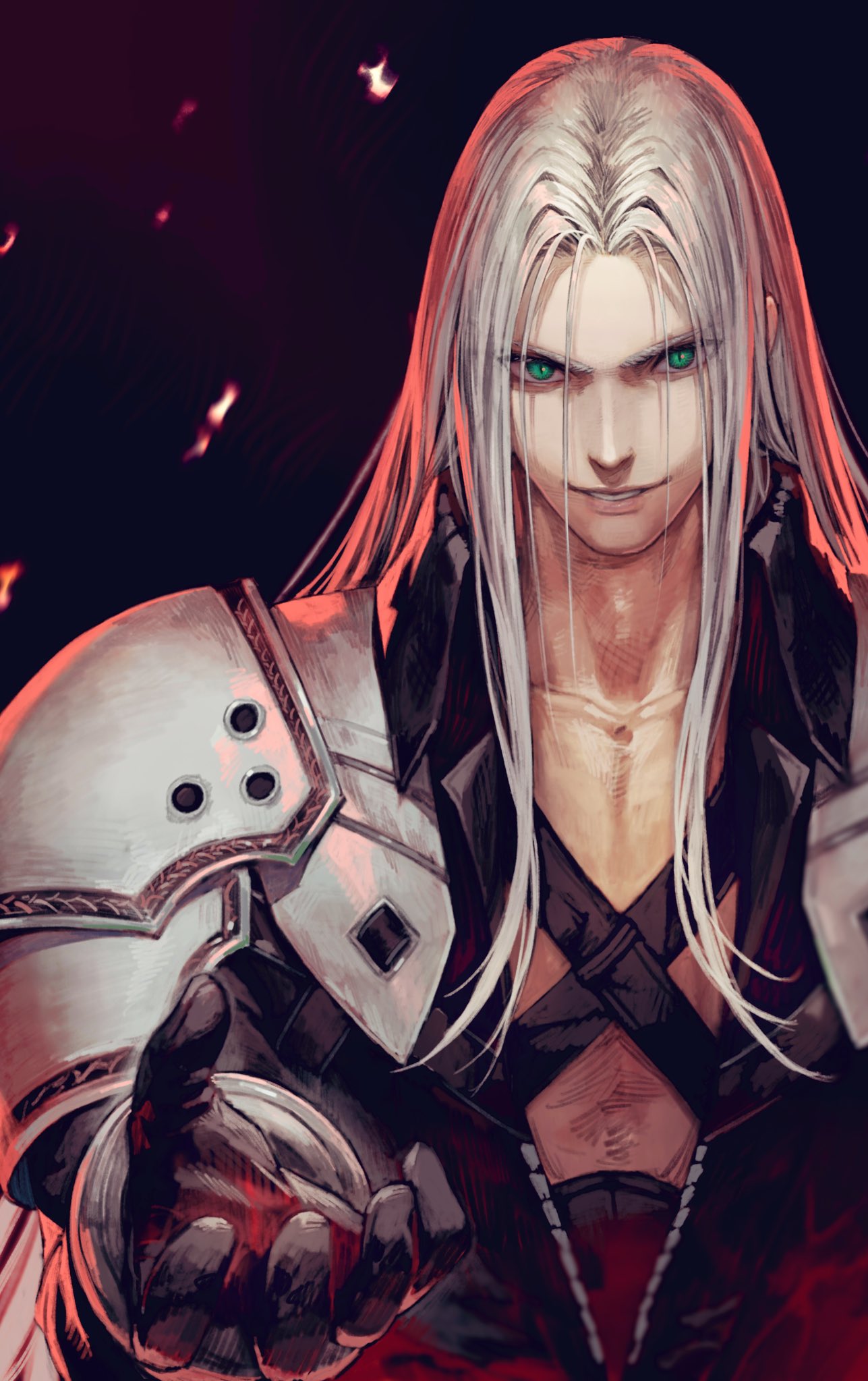 1boy armor black_background black_coat black_gloves blue_eyes coat commentary_request final_fantasy final_fantasy_vii final_fantasy_vii_remake gloves grey_hair highres jun_(seojh1029) long_hair looking_at_viewer pauldrons sephiroth shoulder_armor solo upper_body